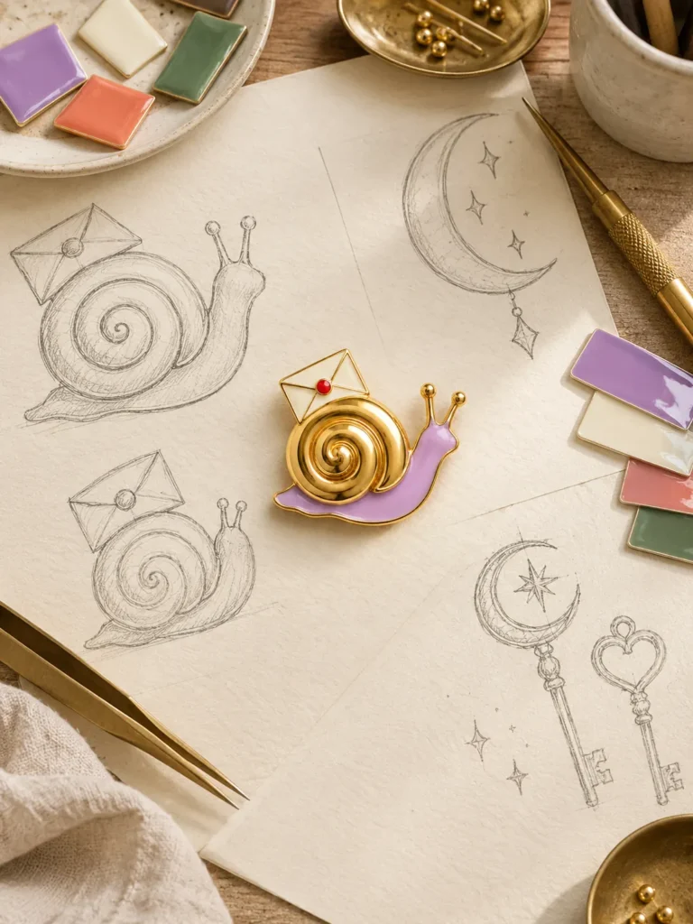 Sketches of snails and moons with enamel colour chips on a designer’s desk