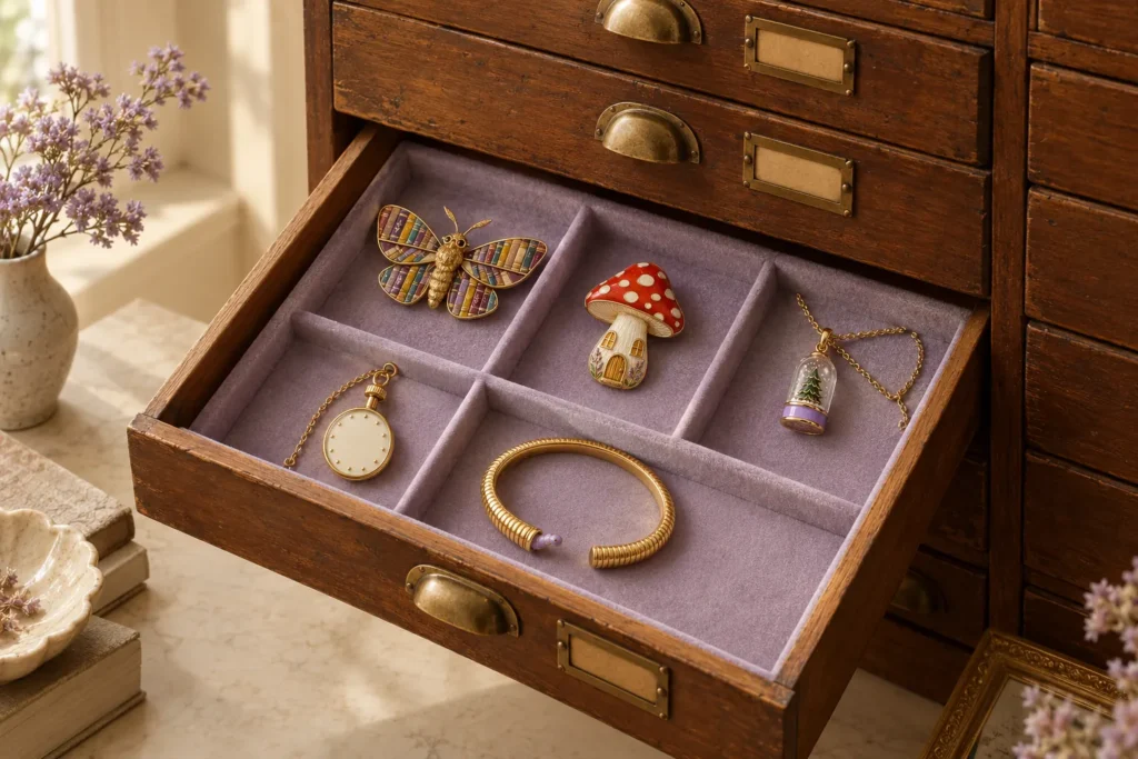A wooden cabinet of shallow drawers, one open to show jewellery in lilac velvet compartments