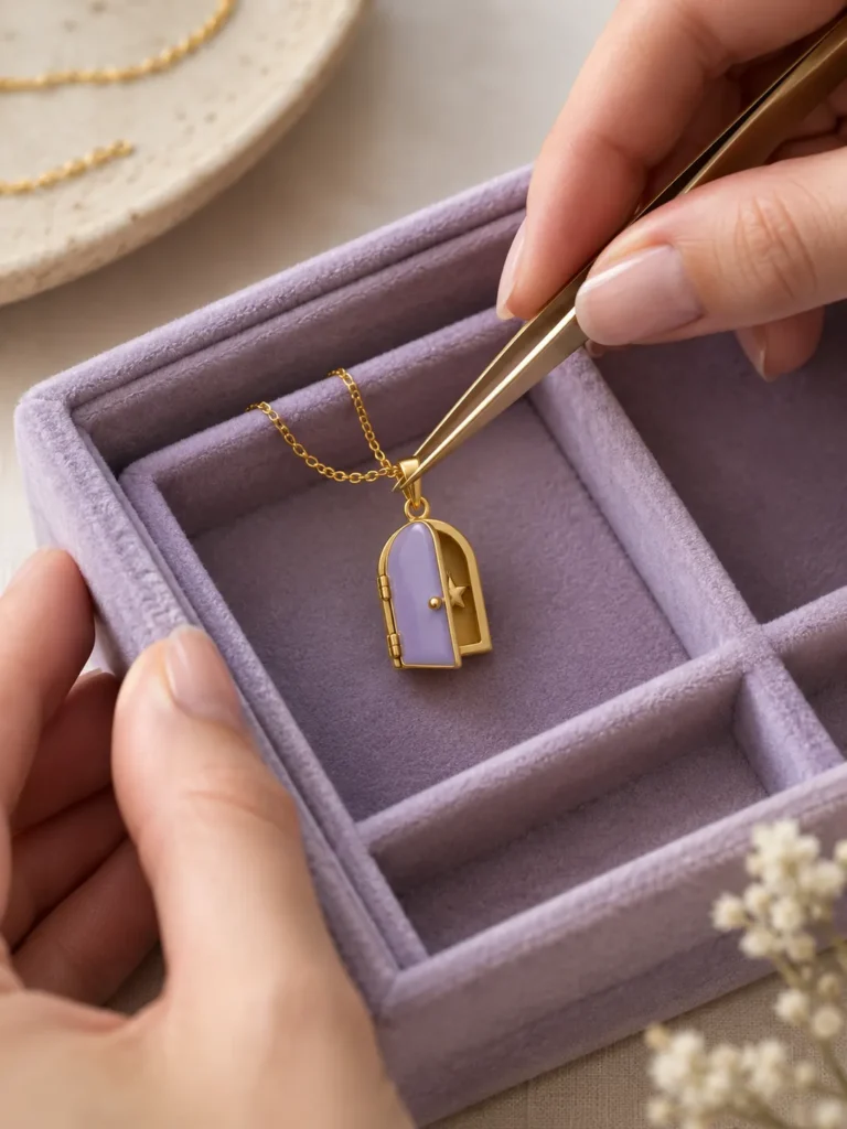 Hands placing a pendant into a lilac velvet compartment