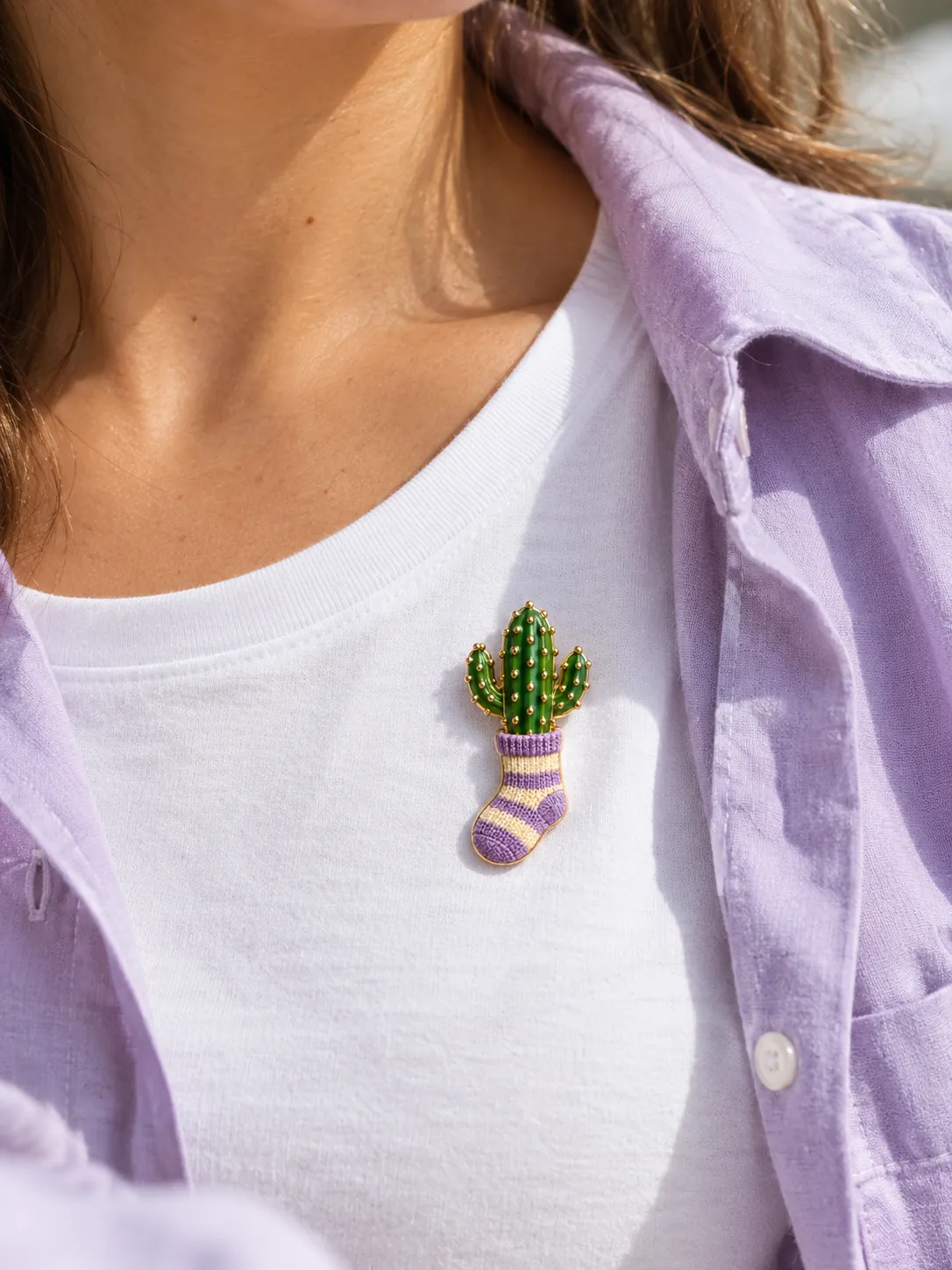 Cactus in a Sock Brooch — Main view, worn