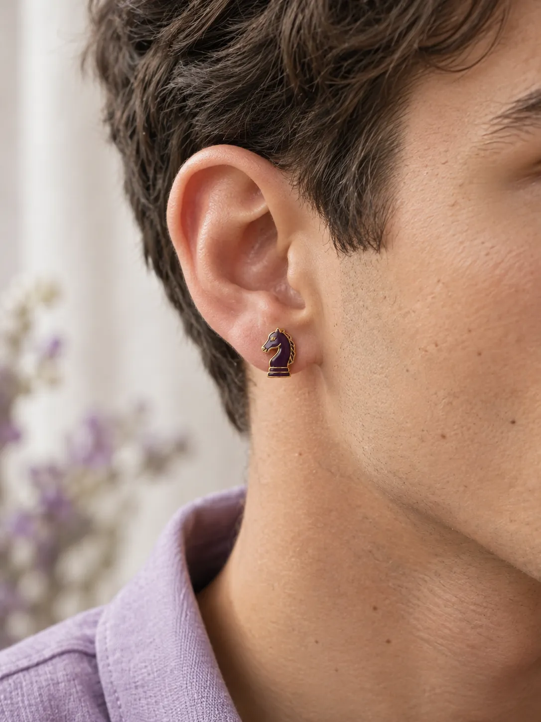 Chess Knight Studs — Main view, worn