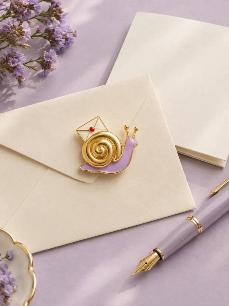 A cream envelope on a lilac desk with the Snail Post brooch resting on it