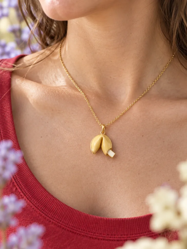 Fortune Cookie Pendant — Main view, worn