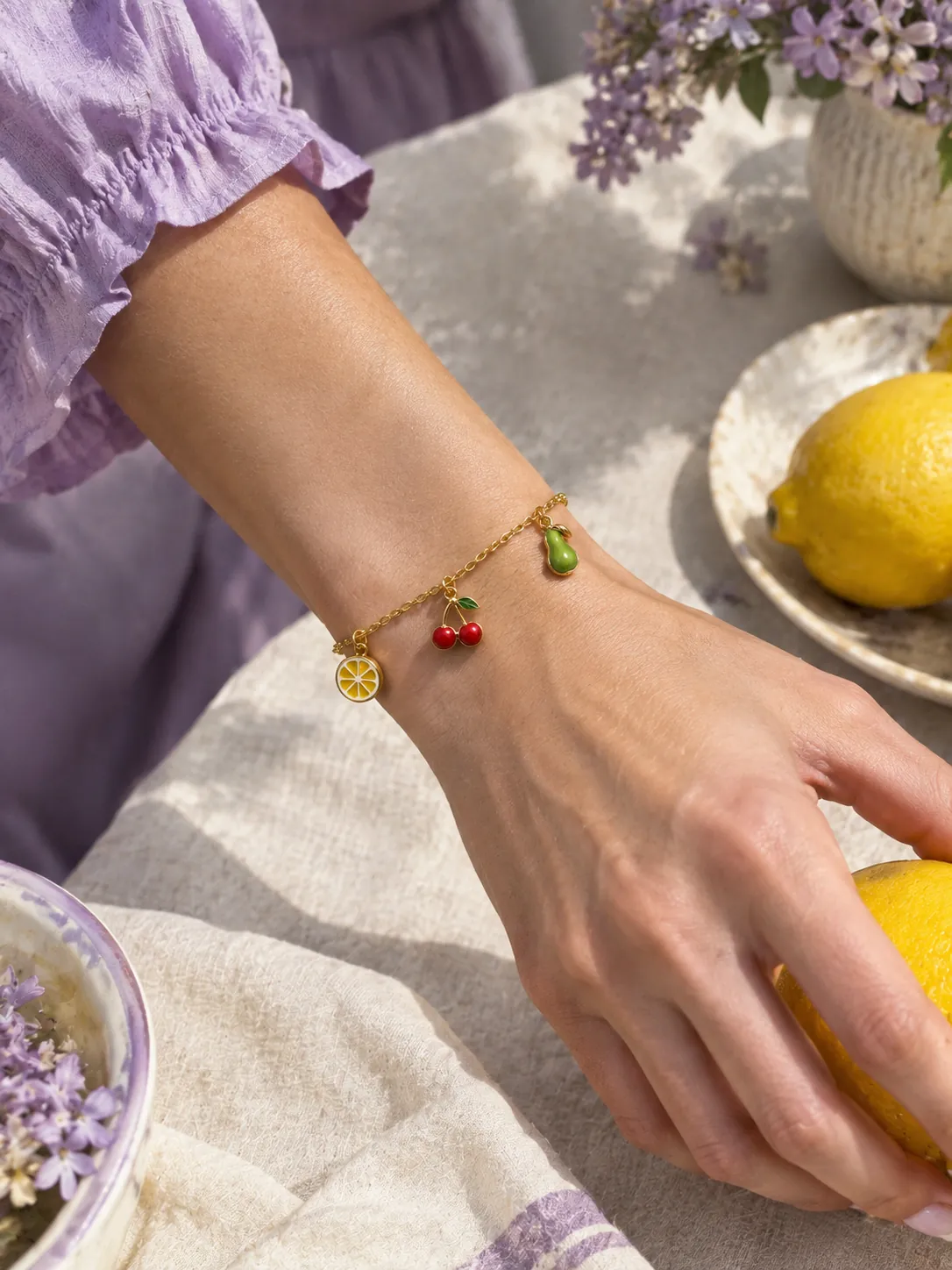 Fruit Bowl Charm Bracelet — Main view, worn