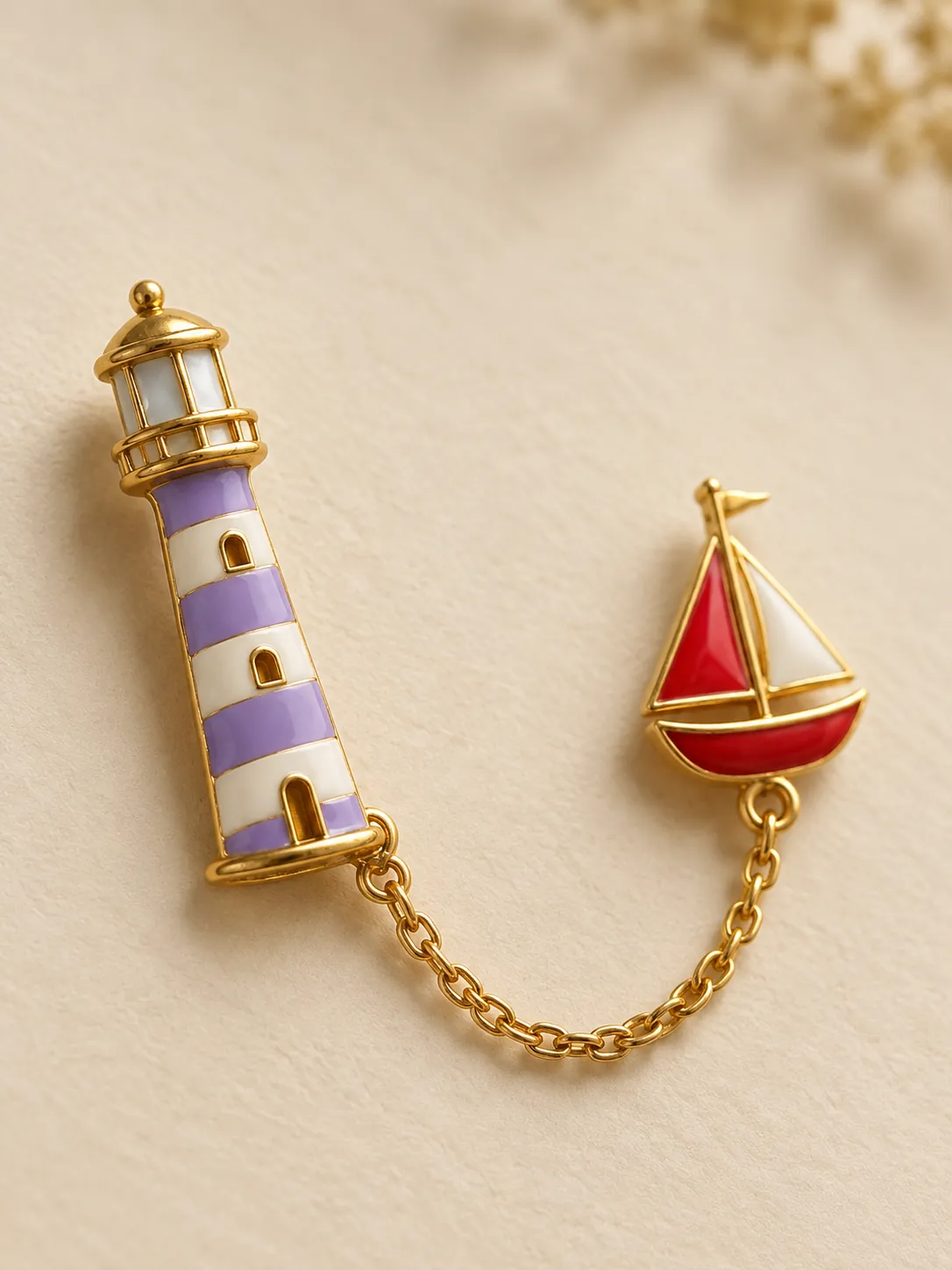 Lighthouse & Little Boat Chain Brooch — Close-up detail