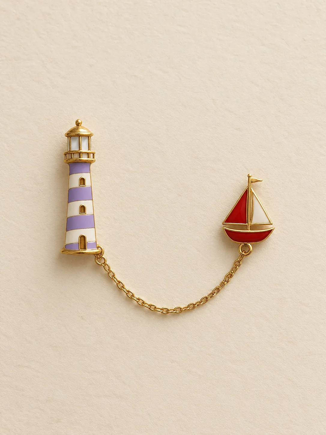 Lighthouse & Little Boat Chain Brooch — Front view
