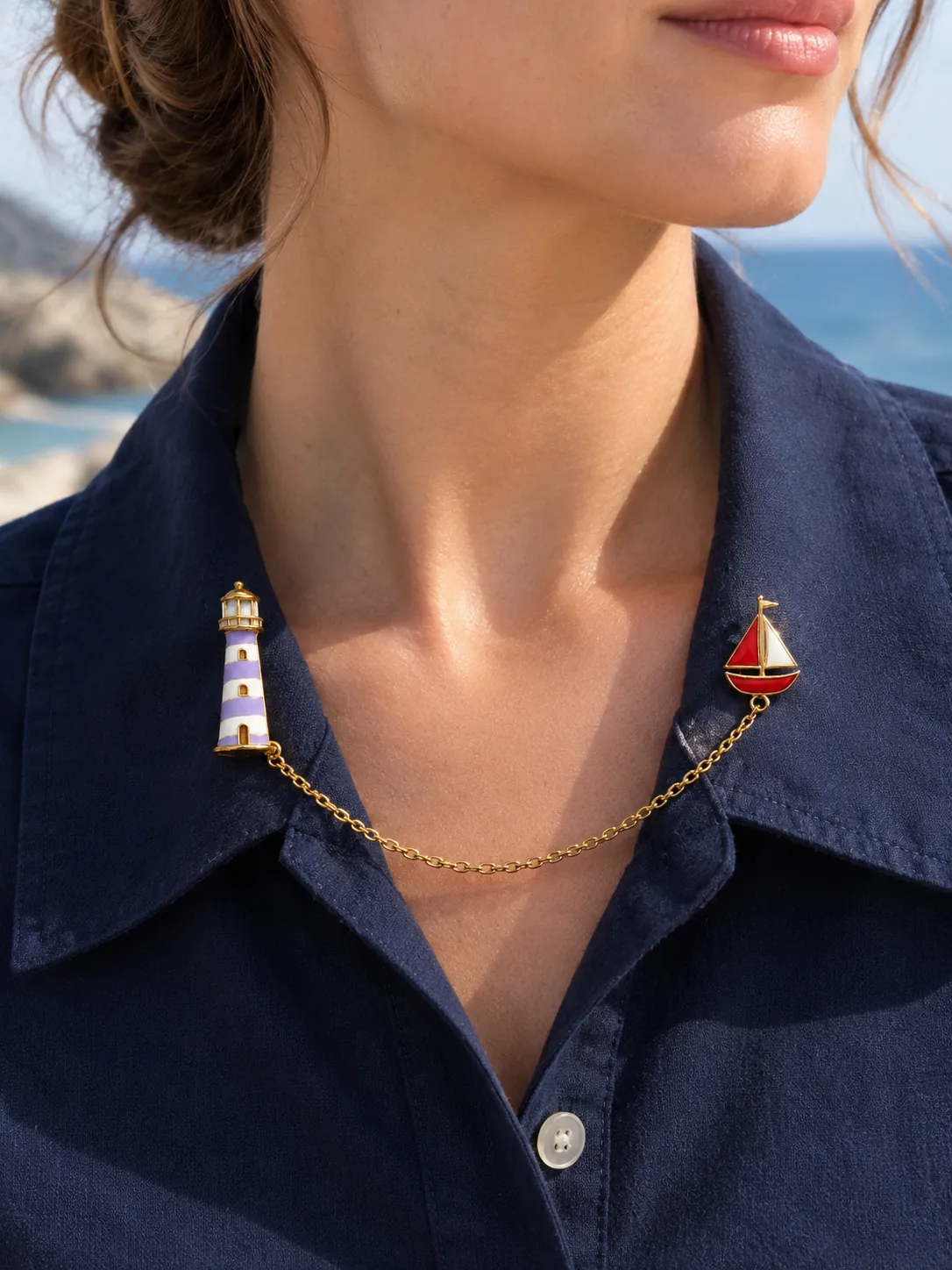 Lighthouse & Little Boat Chain Brooch — Main view, worn