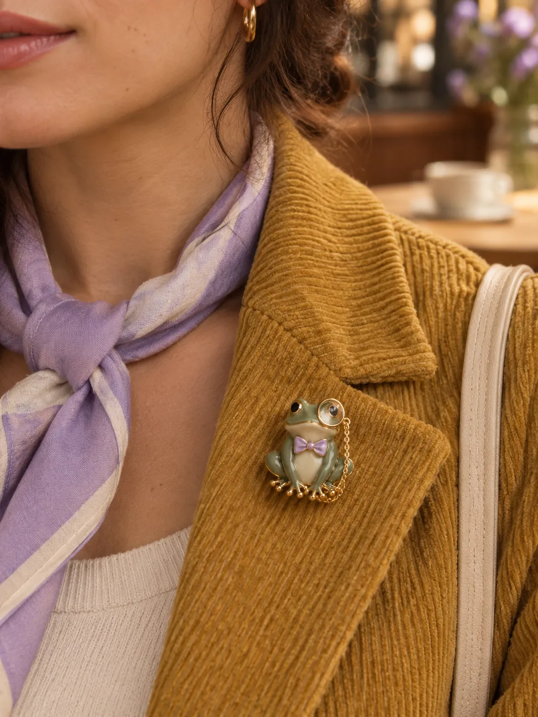 Monocle Frog Brooch — Main view, worn
