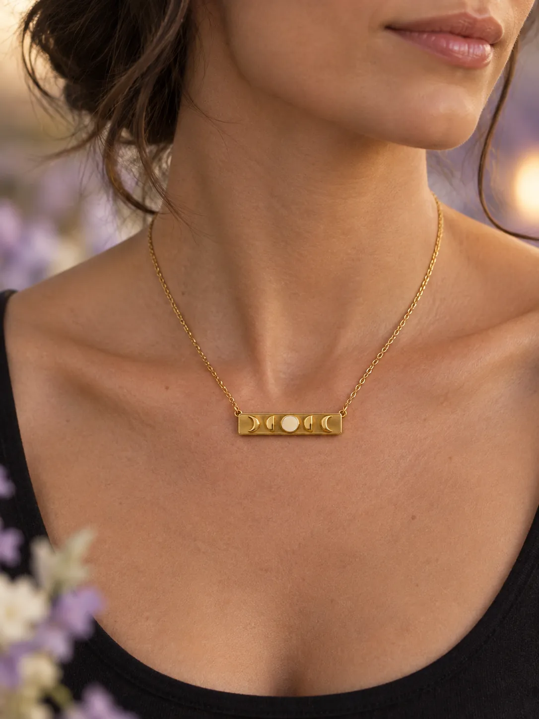 Moon Phase Bar Necklace — Main view, worn