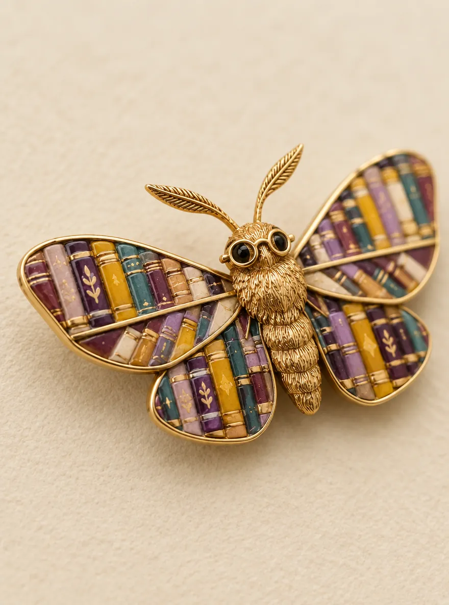 Moth Librarian Brooch — Close-up detail