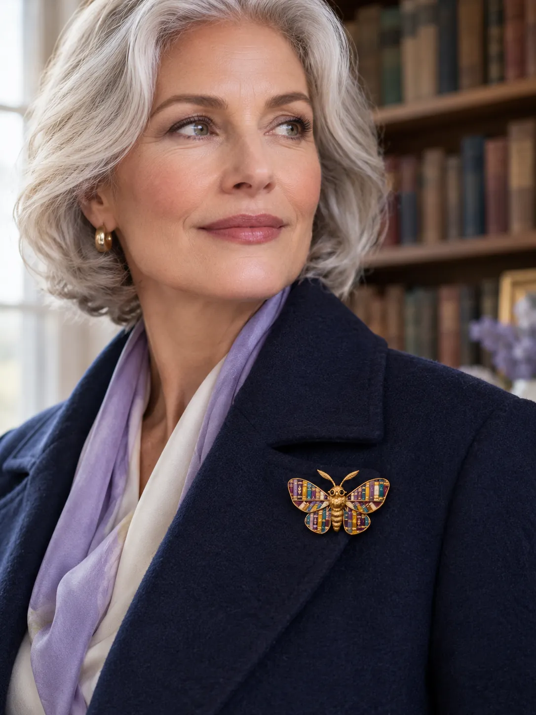 Moth Librarian Brooch — Main view, worn