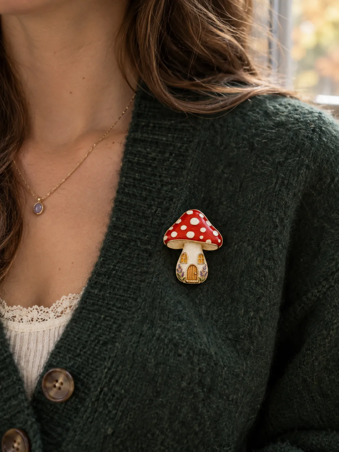 Mushroom Lantern Brooch — Main view, worn