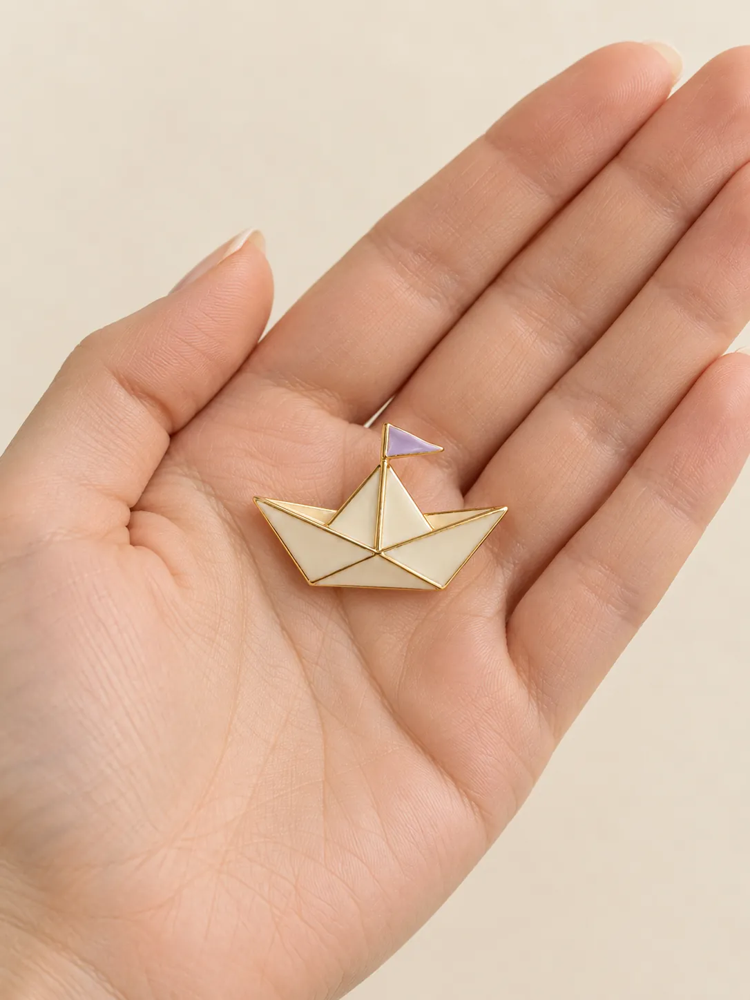 Paper Boat Brooch — In the hand, for scale