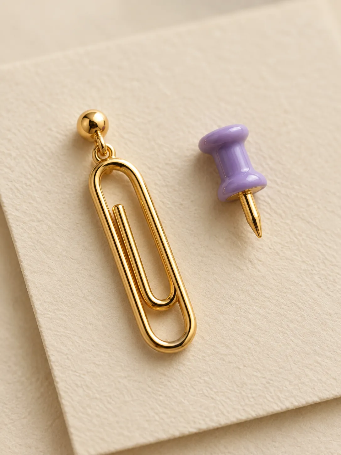 Paperclip & Pushpin Mismatched Earrings — Close-up detail