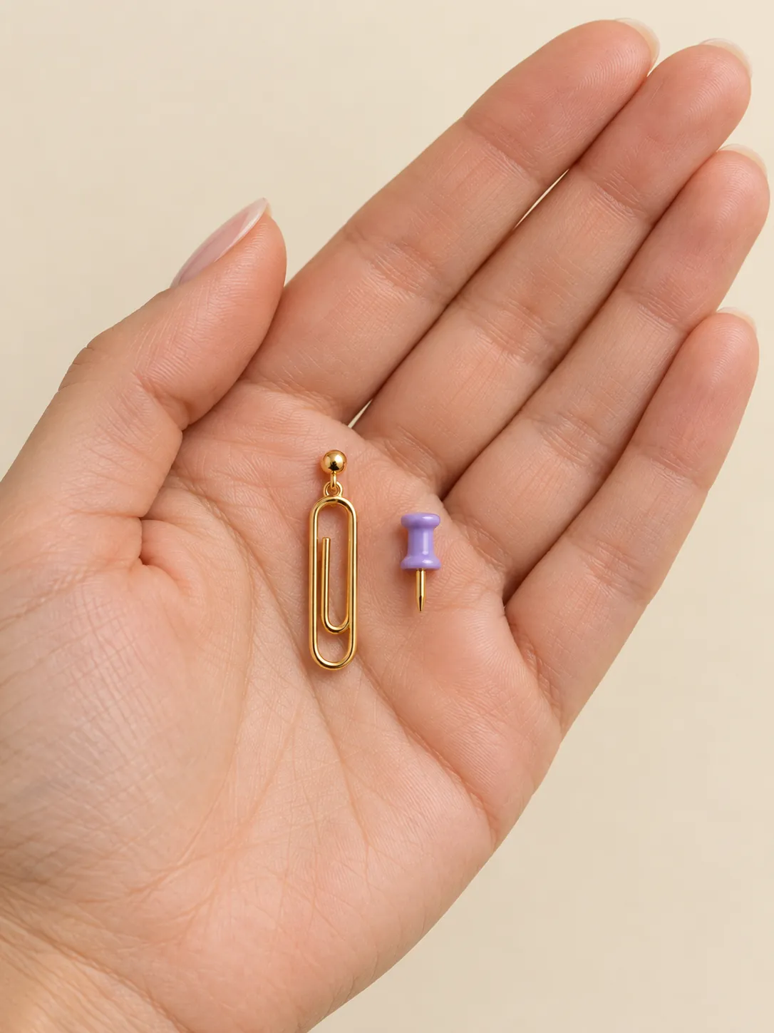 Paperclip & Pushpin Mismatched Earrings — In the hand, for scale