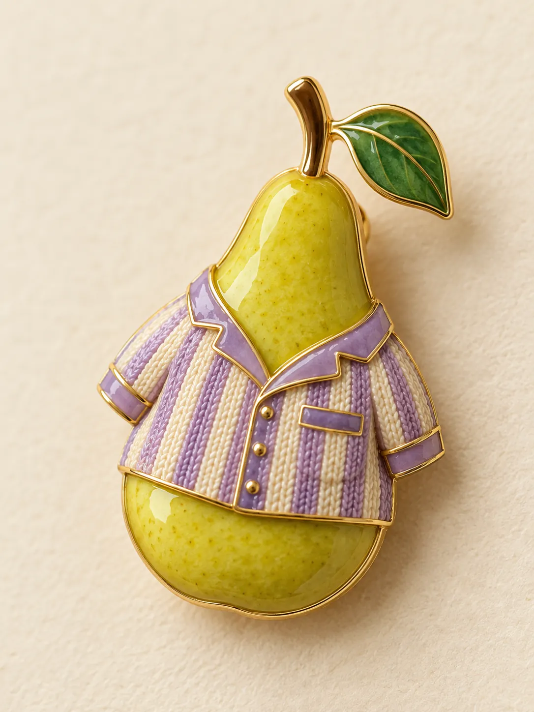 Pear in Pyjamas Brooch — Close-up detail