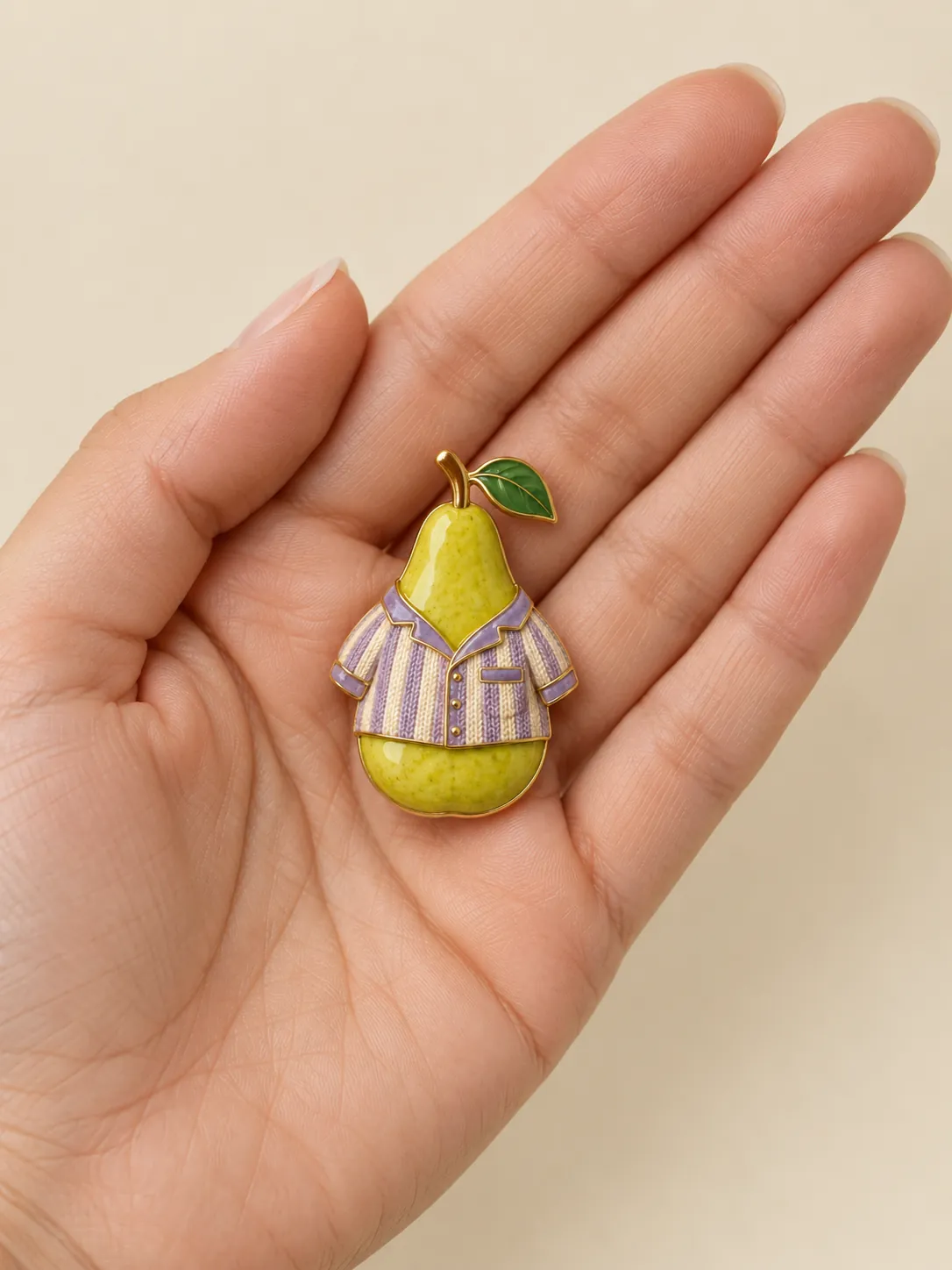 Pear in Pyjamas Brooch — In the hand, for scale