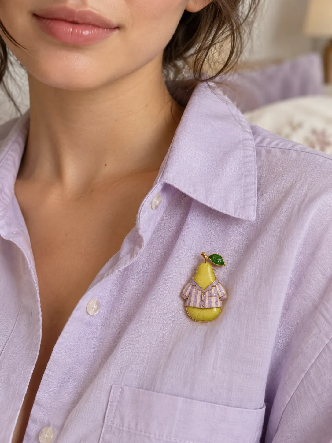 Pear in Pyjamas Brooch — Main view, worn