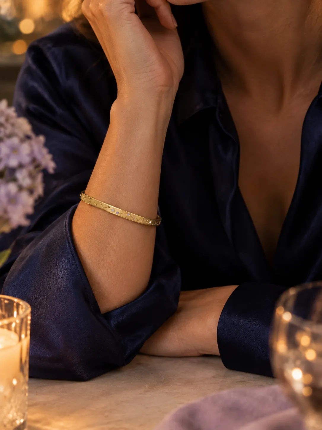 Star Map Hinged Bangle — Main view, worn