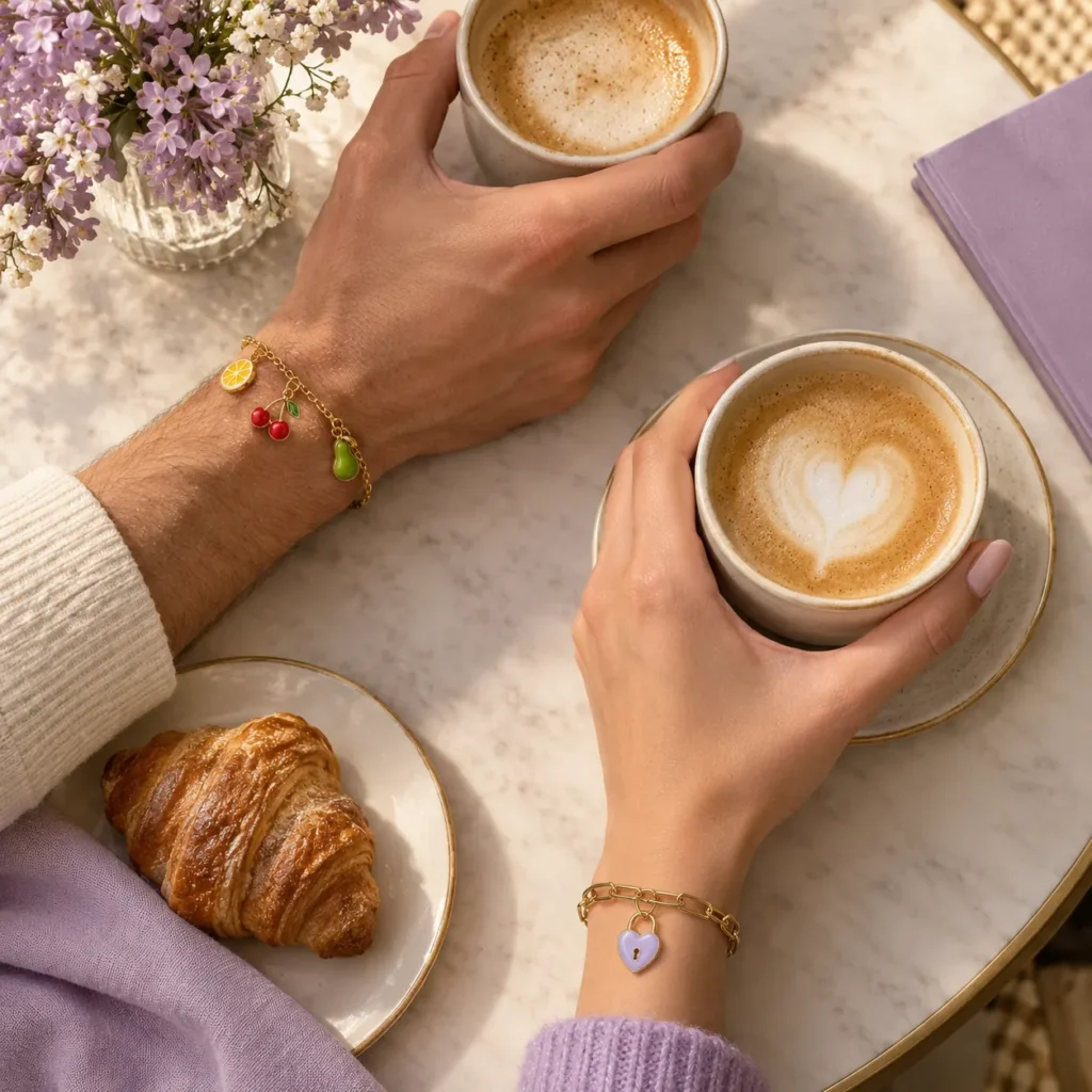 Två berlockarmband burna av två personer med kaffekoppar