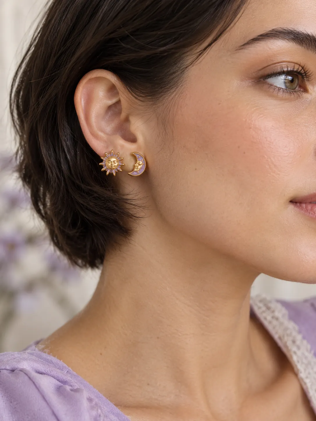 Sun & Moon Mismatched Studs — Main view, worn