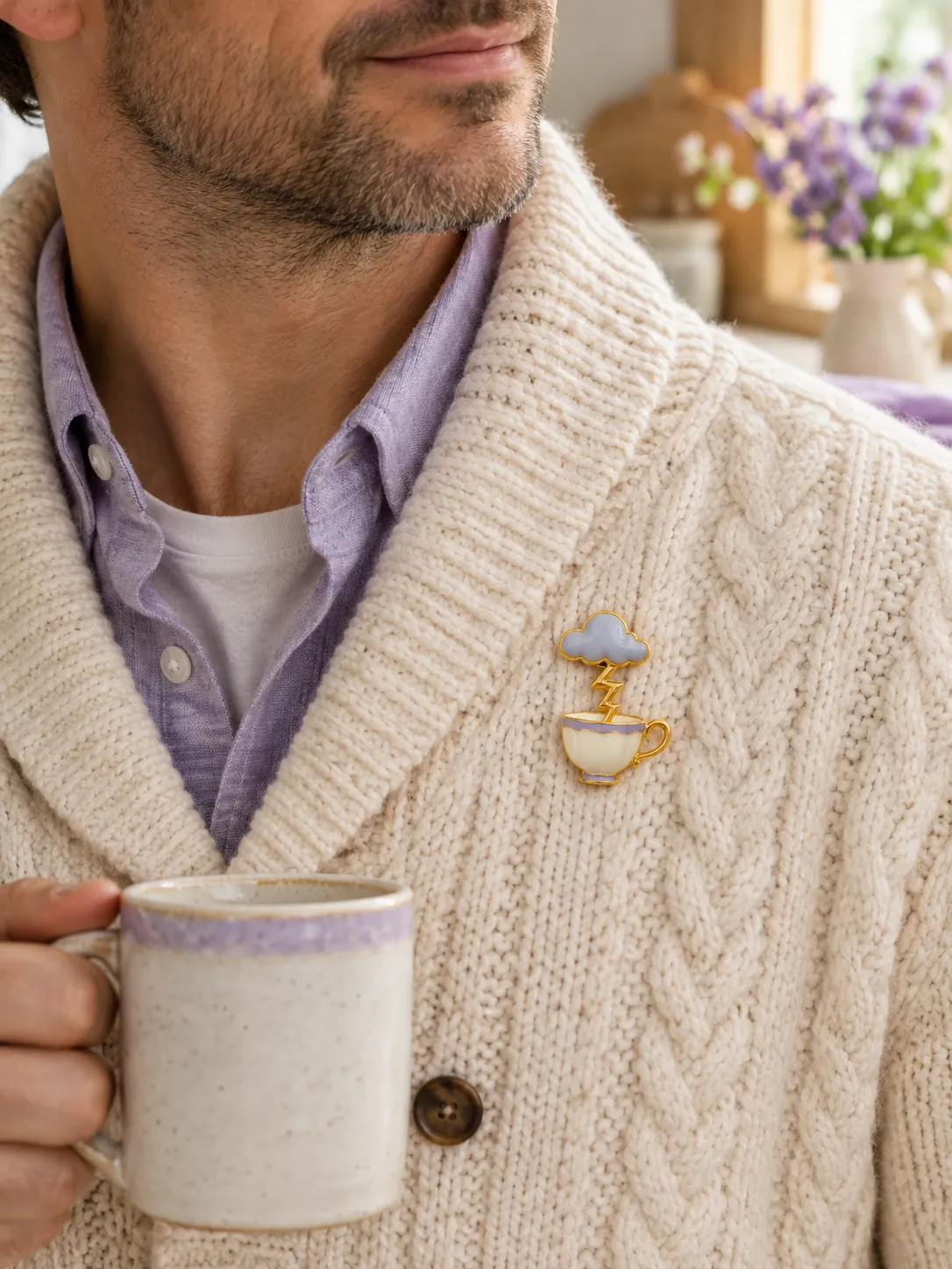 Teacup Storm Brooch — Main view, worn