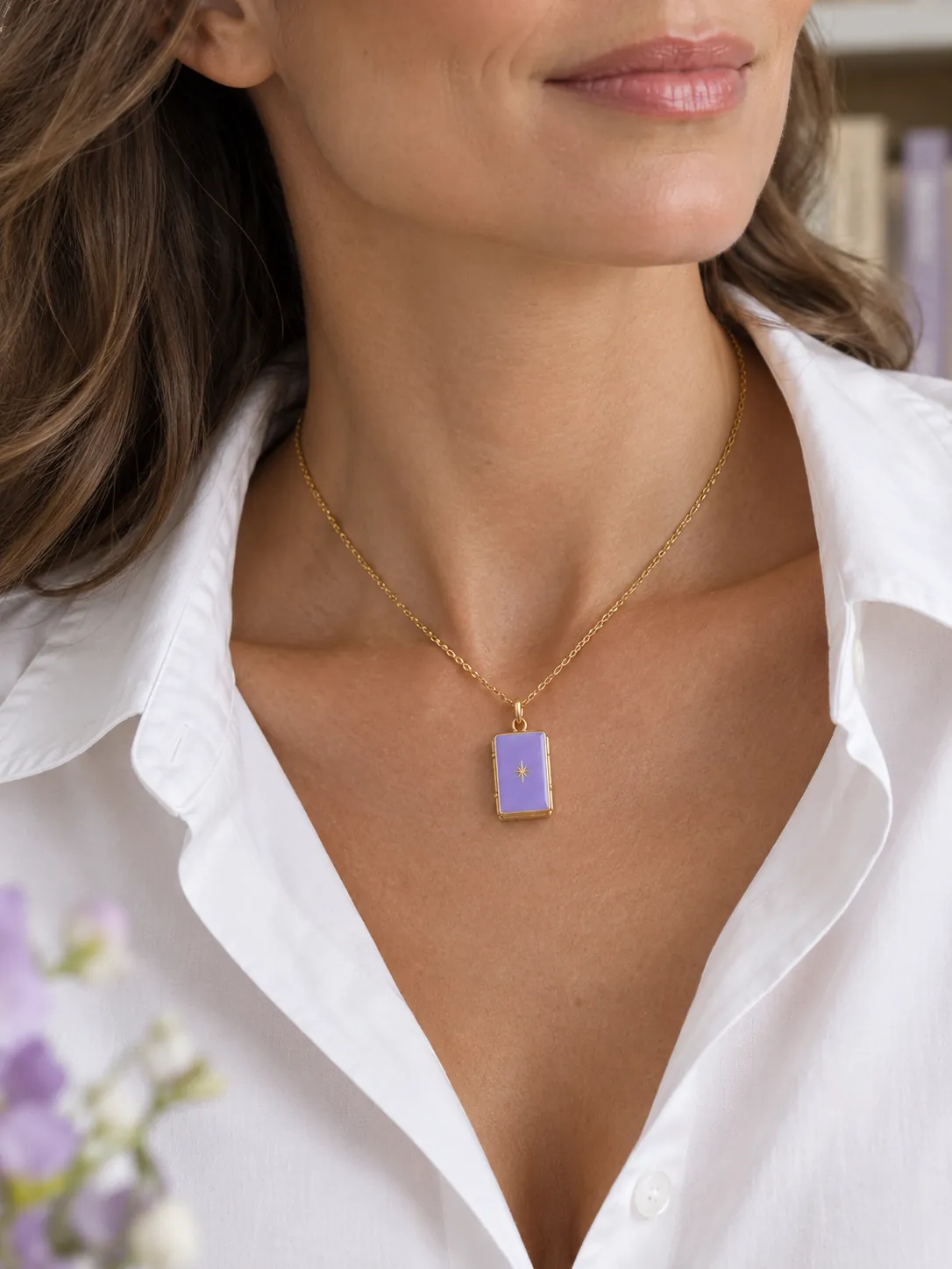 Tiny Book Pendant — Main view, worn